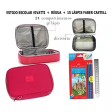 Estojo Escolar Vivatti + Régua + 15 Lápis Faber Castell