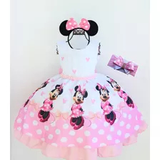 Vestido Infantil Festa Luxo Minnie Rosa E Tiara