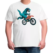 Camiseta Plus Size Masculina Dinossauro Motocross Moto Dino