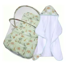 Kit Toalha De Banho Bebe Forrada Dupla + Mini Berço Portátil