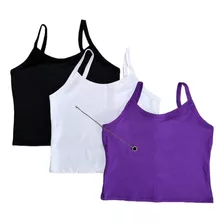 Kit 3 Cropped Alcinha Regata Canelado Top