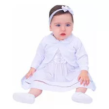 Vestido De Bebe Com Tiara Batizado Ano Novo 100% Algodão 