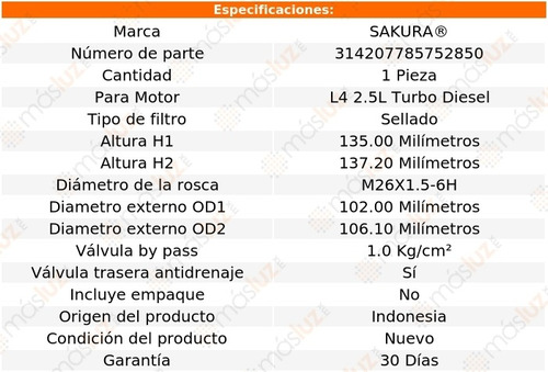 1) Filtro Aceite Mitsubishi L200 2.5l 4 Cil Diesel 08/19 Foto 3