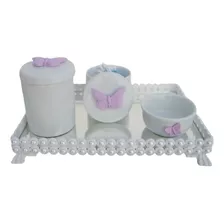 Kit Higiene Bebê Porcelanas Bandeja Pérola Quarto Borboletas