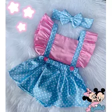 Romper Jardineira Body Bebê Menina Saia Rosa E Azul Poa Luxo