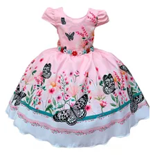 Vestido Infantil Rosa Com Borboletas Luxo Princesas Festas
