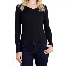 Blusa Básica Feminina Manga Longa Paris Decote V Kit 3 Un