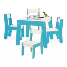 Mesa Mesinha Infantil C/ 4 Cadeiras Em Madeira Azul Junges