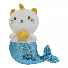 Sereia Gato De Pelúcia Chifre Lantejoulas Azul Prateado 54cm