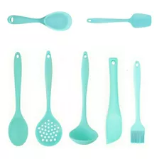 Escumadeira Concha Colher Pincel Todo Silicone 7 Peças Cor Tiffany