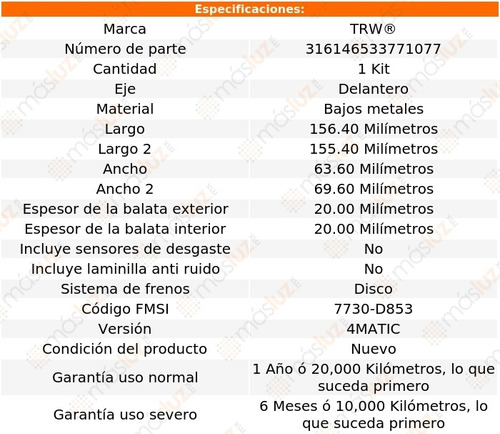 Balatas Bajos Metales Delanteras Mercedes-benz E320 96/05 Foto 2