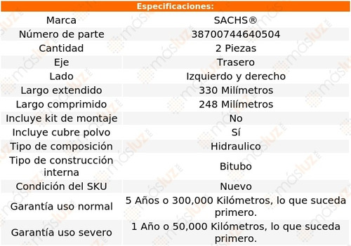 Set 2 Amortiguadores Tra Sachs 306 Fwd L4 1.8l 98 Al 02 Foto 2