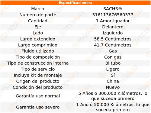 1- Amortiguador Gas Delantero Izquierdo Jx35 2013 Sachs Foto 2