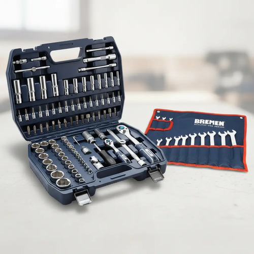 Kit Bremen: Set Llave Tubo Bocallaves 94pz 1/2-1/4 Mm Gris + Llaves Combinadas Juego 13 Pz 7-19