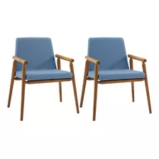 Kit 2 Cadeiras Decorativas Base Madeira F56 Linho Azul Jeans