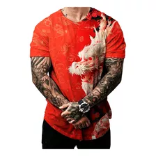 Camiseta Masculina Longline Oversized Vermelha Dragão Chinês