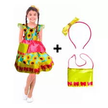 Vestido Festa Junina Infantil Menina Girassol Tiara + Bolsa