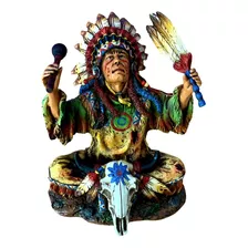 Escultura Índio Xamã Sentado Em Resina 22cm + Mandala 