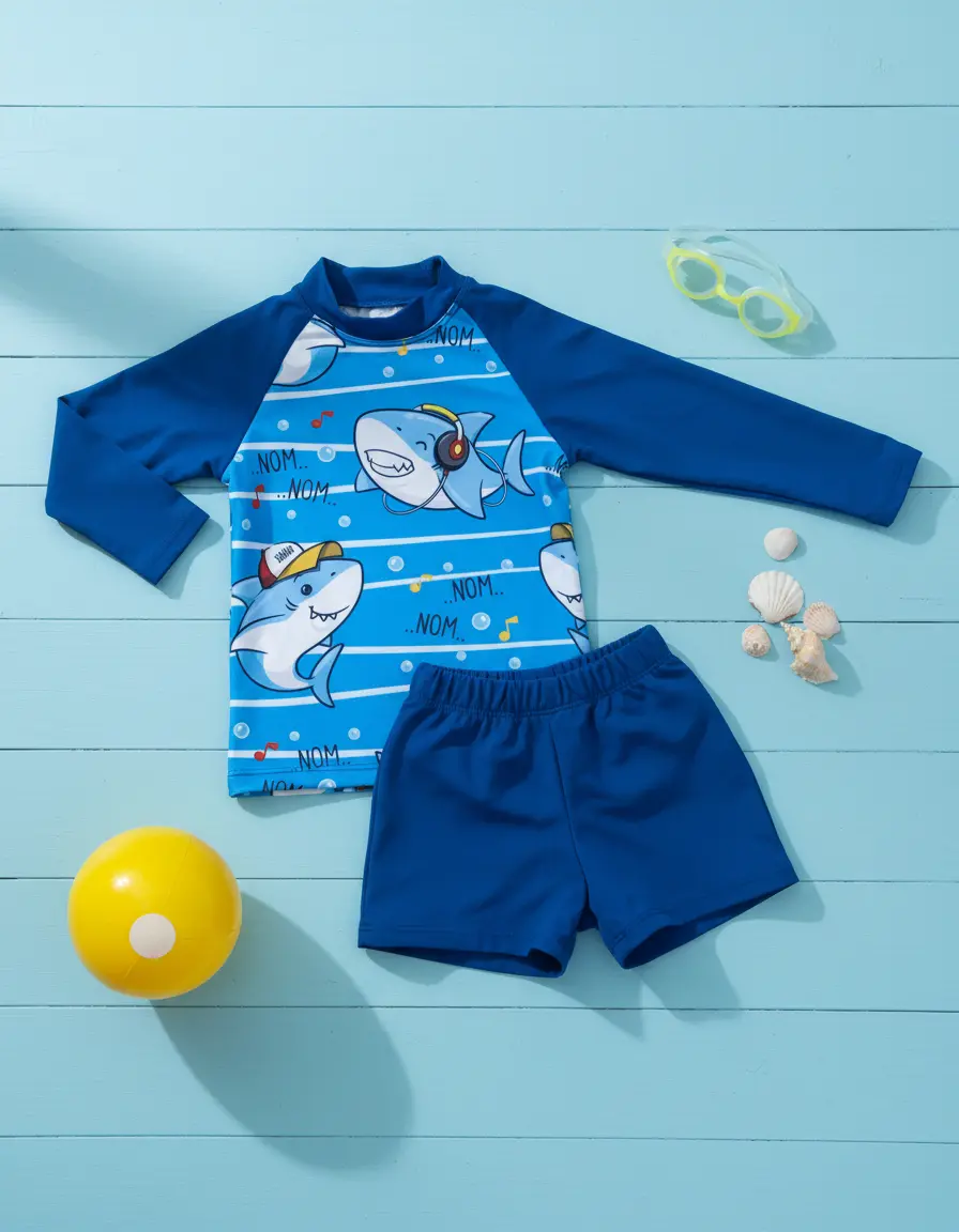 Conjunto Remera Uv Manga Larga + Short Con Protección Solar Color Celeste Talle 5 Años Estampado
