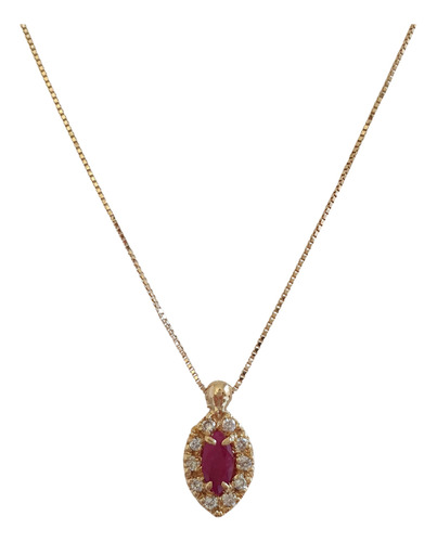 Colar C Pingente Navete De Ouro 18k 750 Rubi E Diamantes Amarelo