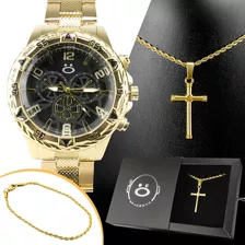 Relogio Masculino Kit Dourado Quartz Casual+ Pulseira+ Colar