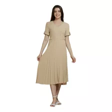 Vestido Social Plissado Longo Com Forro Acinturado Manga