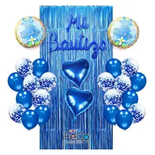 Decoración Para Bautizo Con Globos Y Cortina Azul