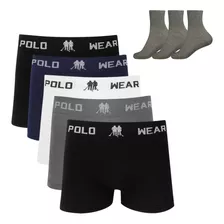 Kit 5 Cueca Boxer Polo Wear Microfibra Sortido + 3 Meias M12