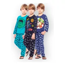 Kit 10 Pijamas De Frio Infantil Inverno Malha Algodão Herois