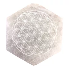 Placa Pedra Selenita Hexagonal Com Flor Da Vida 7cm X 1,5cm