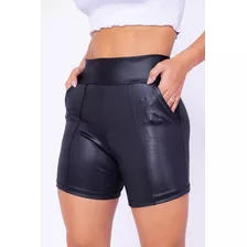 Shorts Feminino Larguinho Malha Couro Ecologico Elastano 