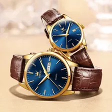 Relógio De Pulso Olevs 6898 Com Corpo Dourado, Analógico, Para Sem Gênero, Fundo Gold E Blue, Com Correia De Couro Cor E Fivela Simples