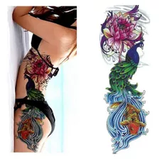 Tatuagem Temporária Feminina Colorida Pavão Peixe Carpa Flor