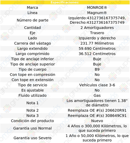 2 Amortiguadores Magnum Tra M1600 Metro Ii 87-90 Foto 3