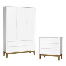 Jogo De Quarto Bebê Cômoda Roupeiro 3 Portas Branco Madeira