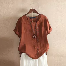 Las Mujeres De Algodón Lino Tops Poleras Blusa Naranja L