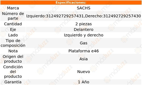 Jgo Amortiguadores Gas Del Bmw 316i 98/06 Sachs Foto 2