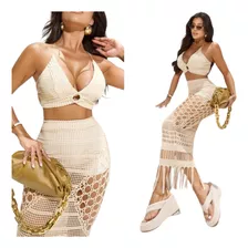 Conjunto De Saia E Cropped Verão Panicat Ousado Festa Luxo