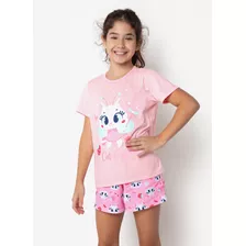 Pijama Manga Curta Menina Teen Gata Fada Puket