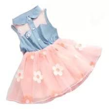 Vestido Infantil Menina Festa De Brim Com Tule Florido