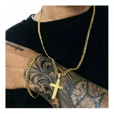 Corrente Masculina + Pulseira + Pingente Cruz Banho Ouro 18k