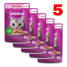 5 Whiskas Ração Úmida Sachê P/ Gato Adultos Sabor Salmão 85g