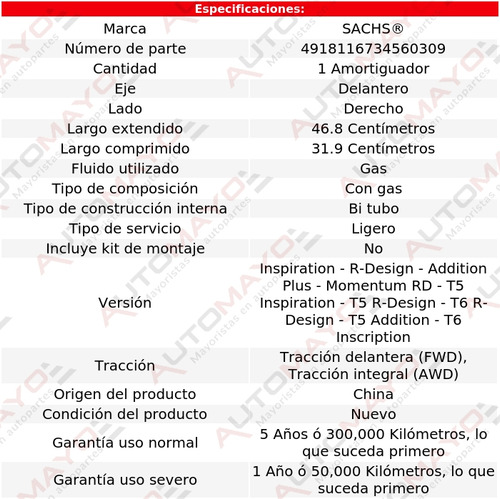 1 - Amortiguador Gas Del Der Sachs Xc60 L4 2.0l Volvo 16-17 Foto 2