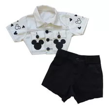 Conjunto Jeans Blusa + Short Menina Blogueira Mickey Mouse