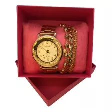 Relogio Feminino Barato Dourado + Pulseira Semi Jóia