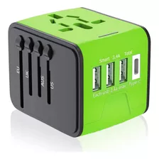 Adaptador Enchufe Universal De Viaje Us/uk/eu/au Usb-c Verde