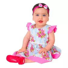 Vestido De Bebê Florido Com Tiara 100% Algodão Laço