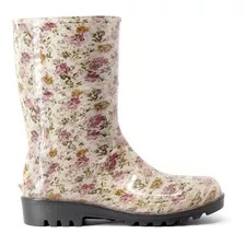 Bota Feminina Galocha Floral Flores Rosa Cano Médio Leve