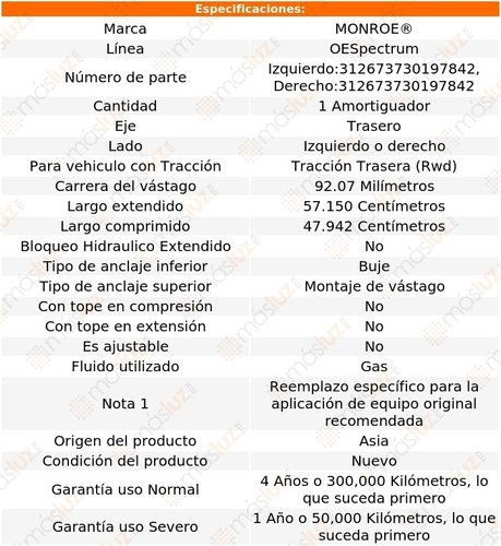 (1) Amortiguador Tra Oespectrum Gas Der O Izq C240 Rwd 01/05 Foto 2