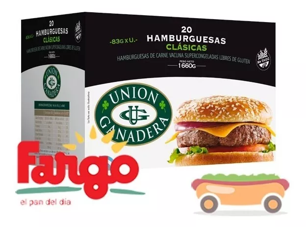 20 Hamburguesas Unión Ganadera 83grs + Fargo + Aderezo